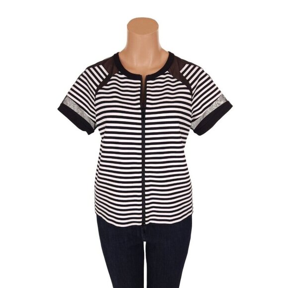 Lafayette 148 Short Sleeve Striped Zip Front Top Size Small Black White $298US - Picture 1 of 8